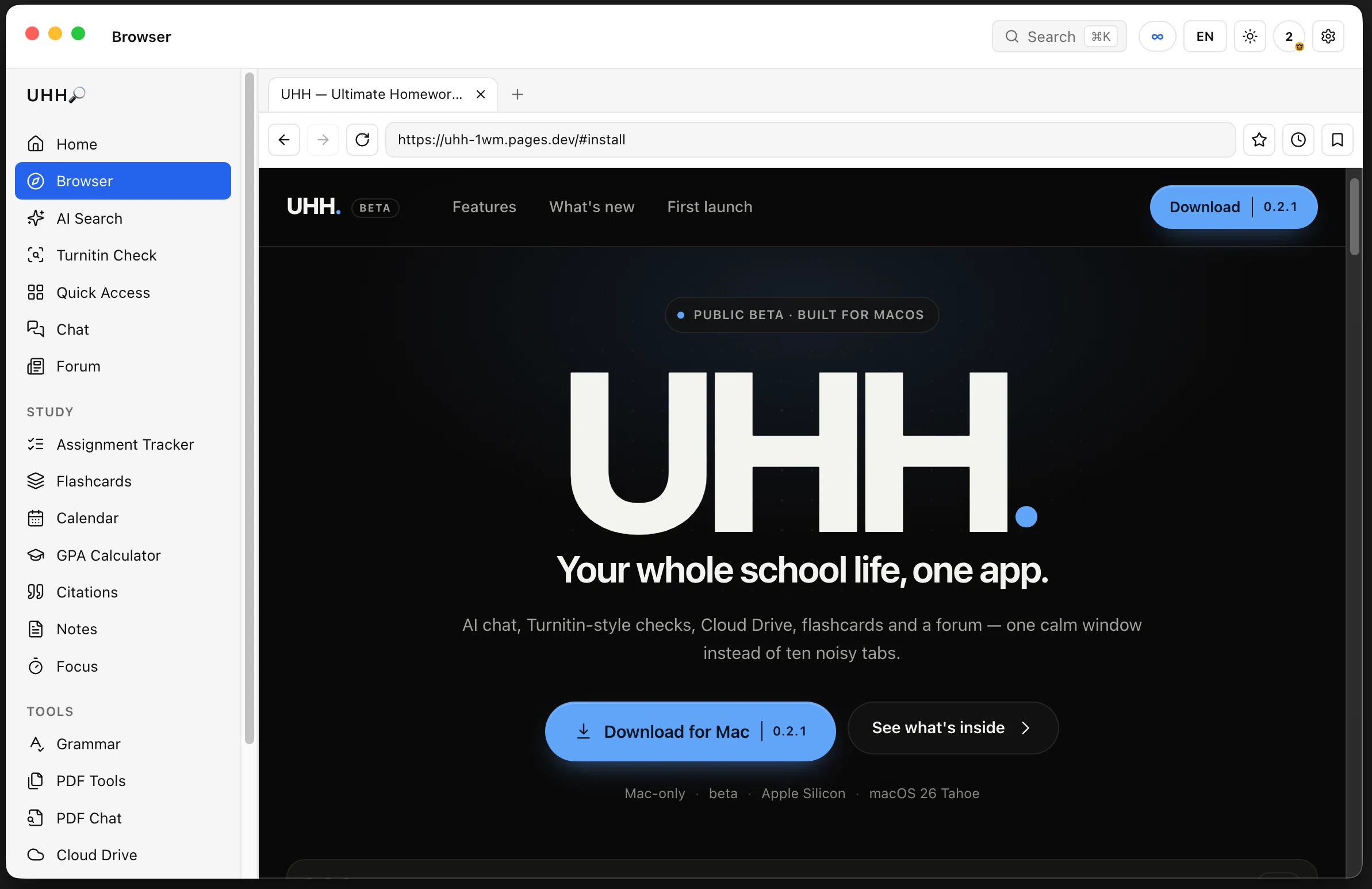 UHH A real browser inside the app — Tabs, an address bar, back and forward, reload, bookmarks and history — the same Chromium engine the rest of the app uses. Open the site you are reading and keep working without switching windows.