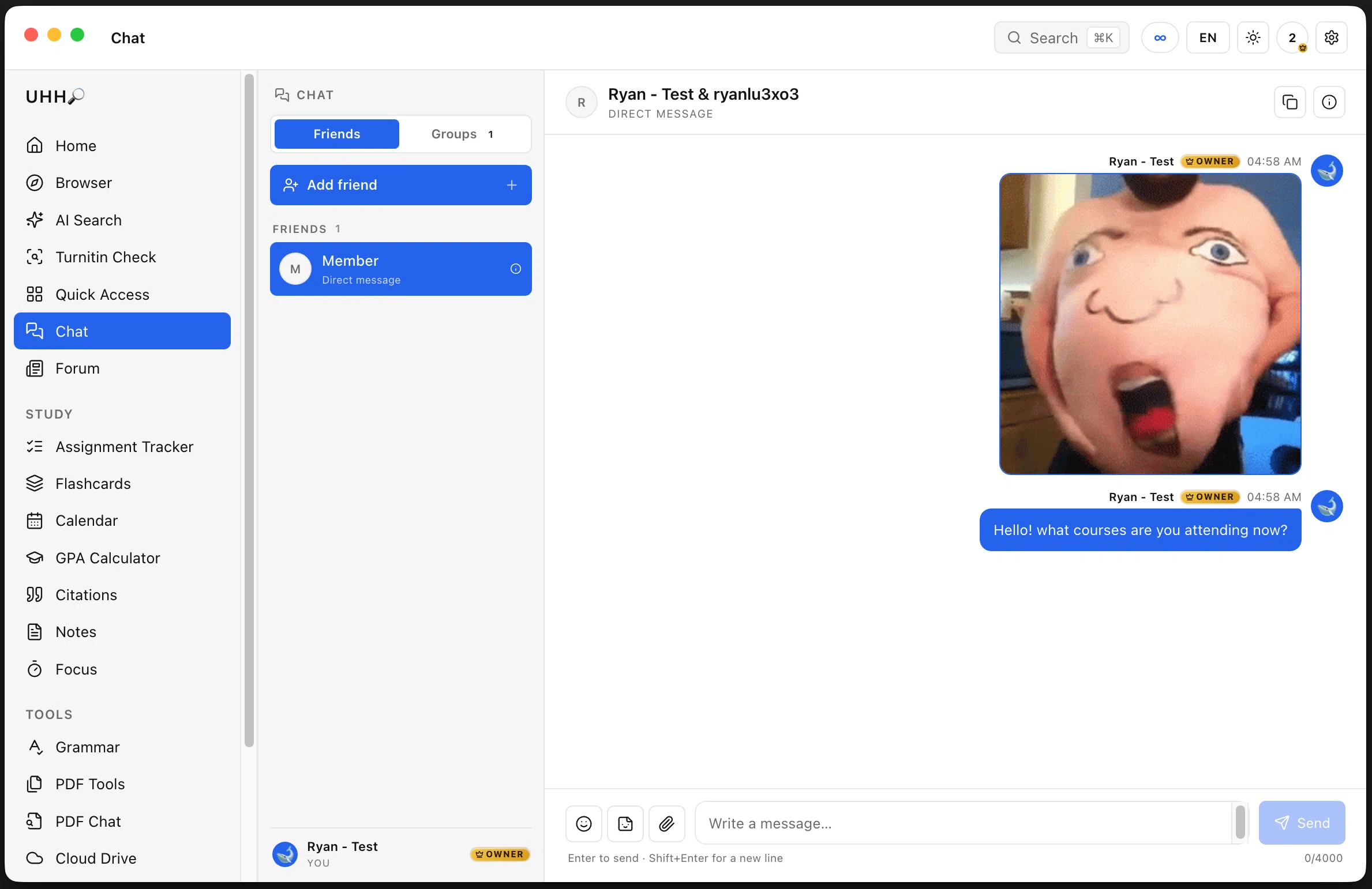 UHH Friends, groups and files — Direct messages and group chats with friends, with the OWNER badge showing who runs UHH. Send files, emoji, stickers and memes; messages arrive live.