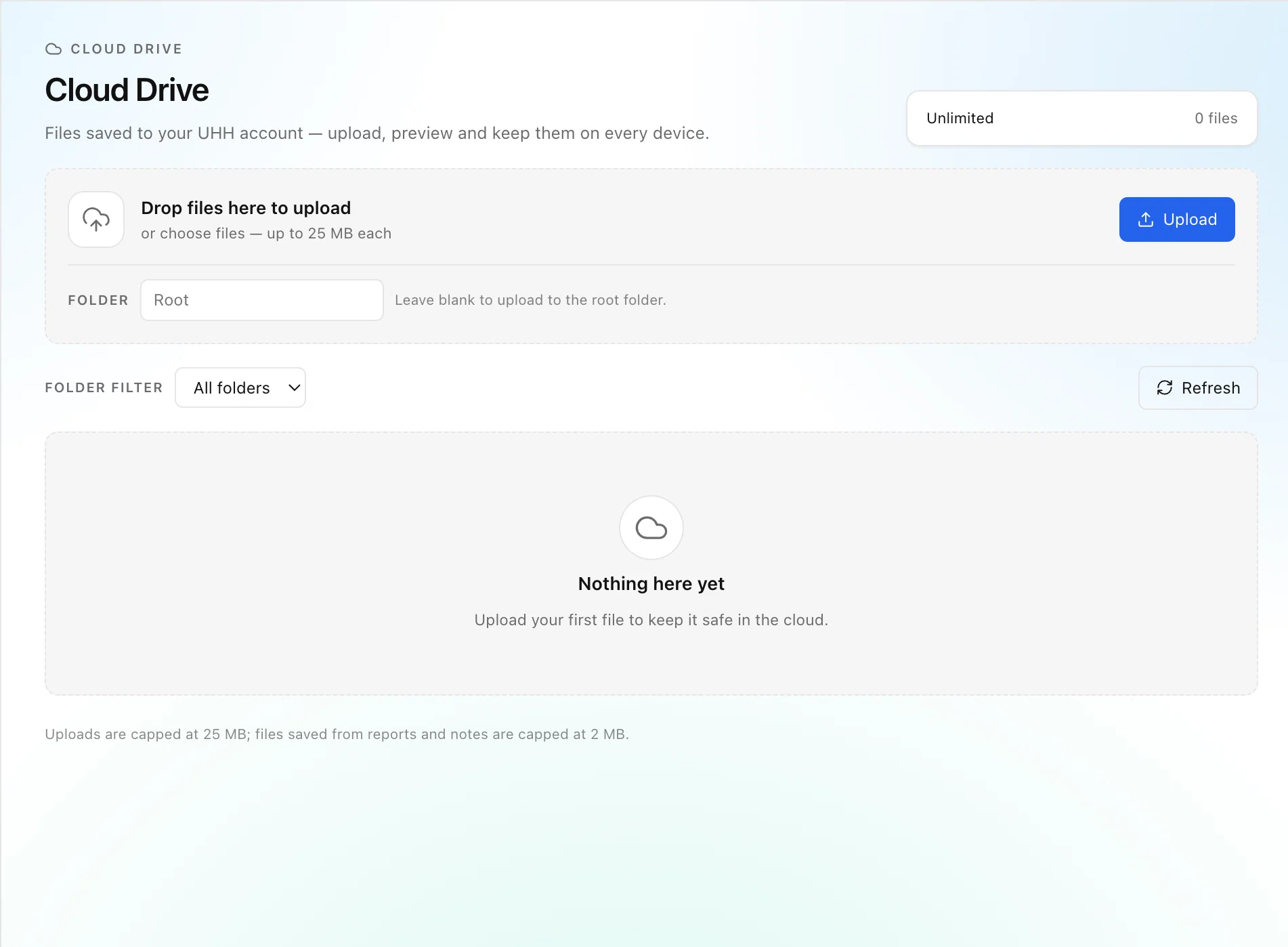 UHH Files that follow your account — Drag files in or pick them, drop them into folders, preview images and text. The header shows your plan and file count — 680 MB on Free, 32 GB on Pro, unlimited for staff.