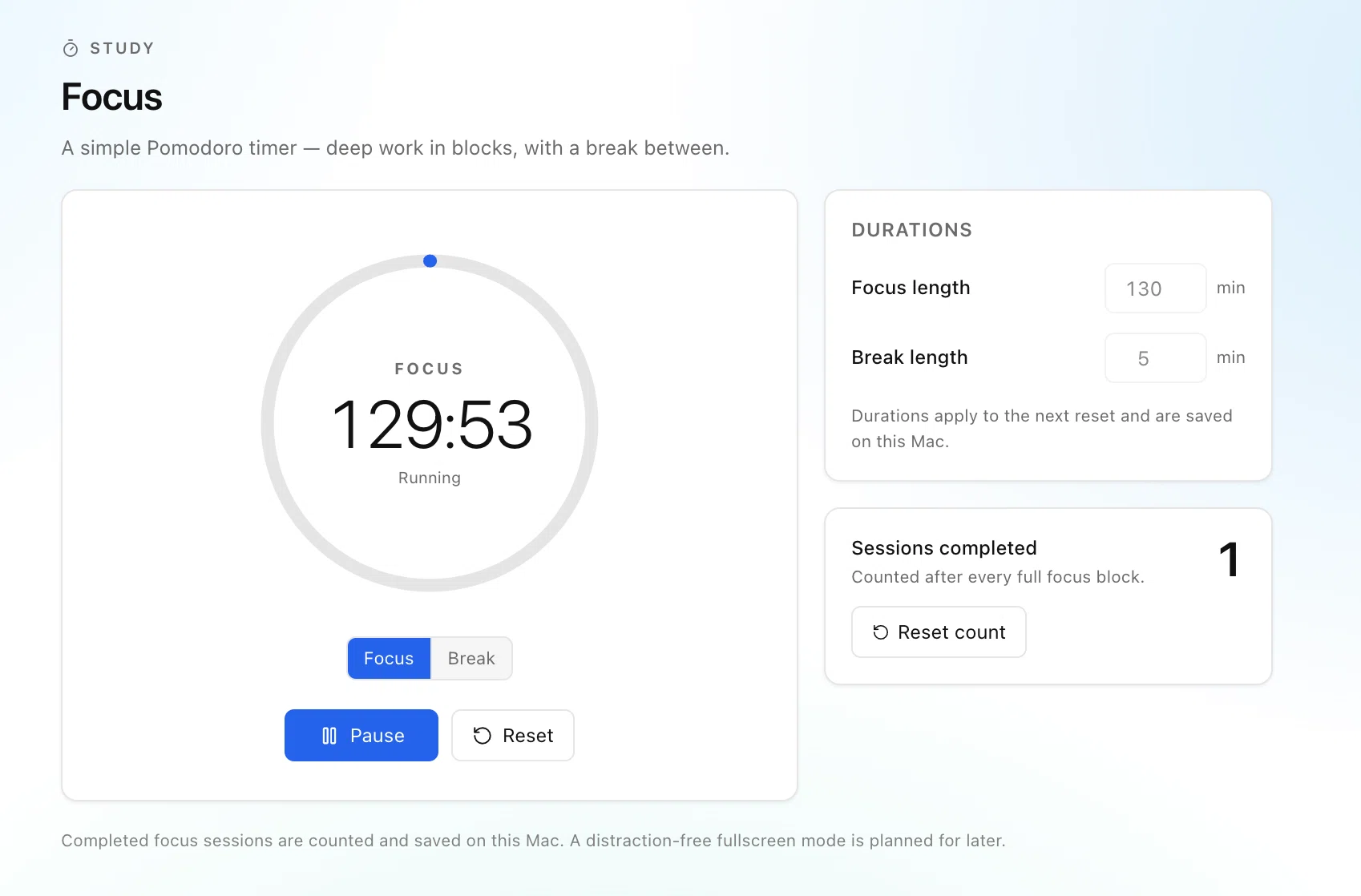 UHH Deep work in blocks — A Pomodoro timer with a big ring, configurable focus and break lengths, and a session counter so you can see the work add up. Sessions persist on this Mac.