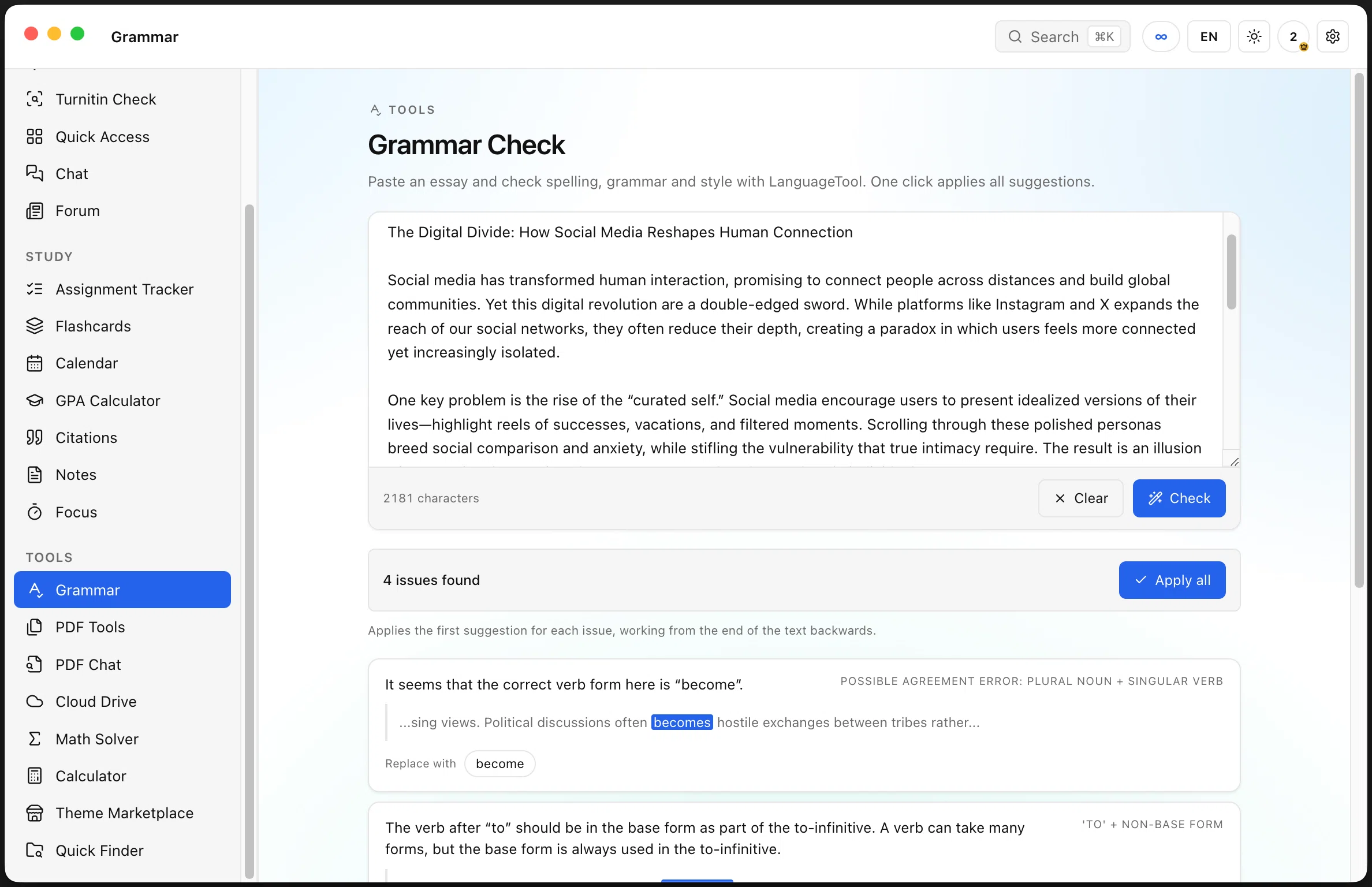 UHH Grammar and style, one click — Paste an essay and LanguageTool returns spelling, grammar and style issues with an explanation and a replacement for each. Apply all fixes in one click, working backwards so offsets stay valid.