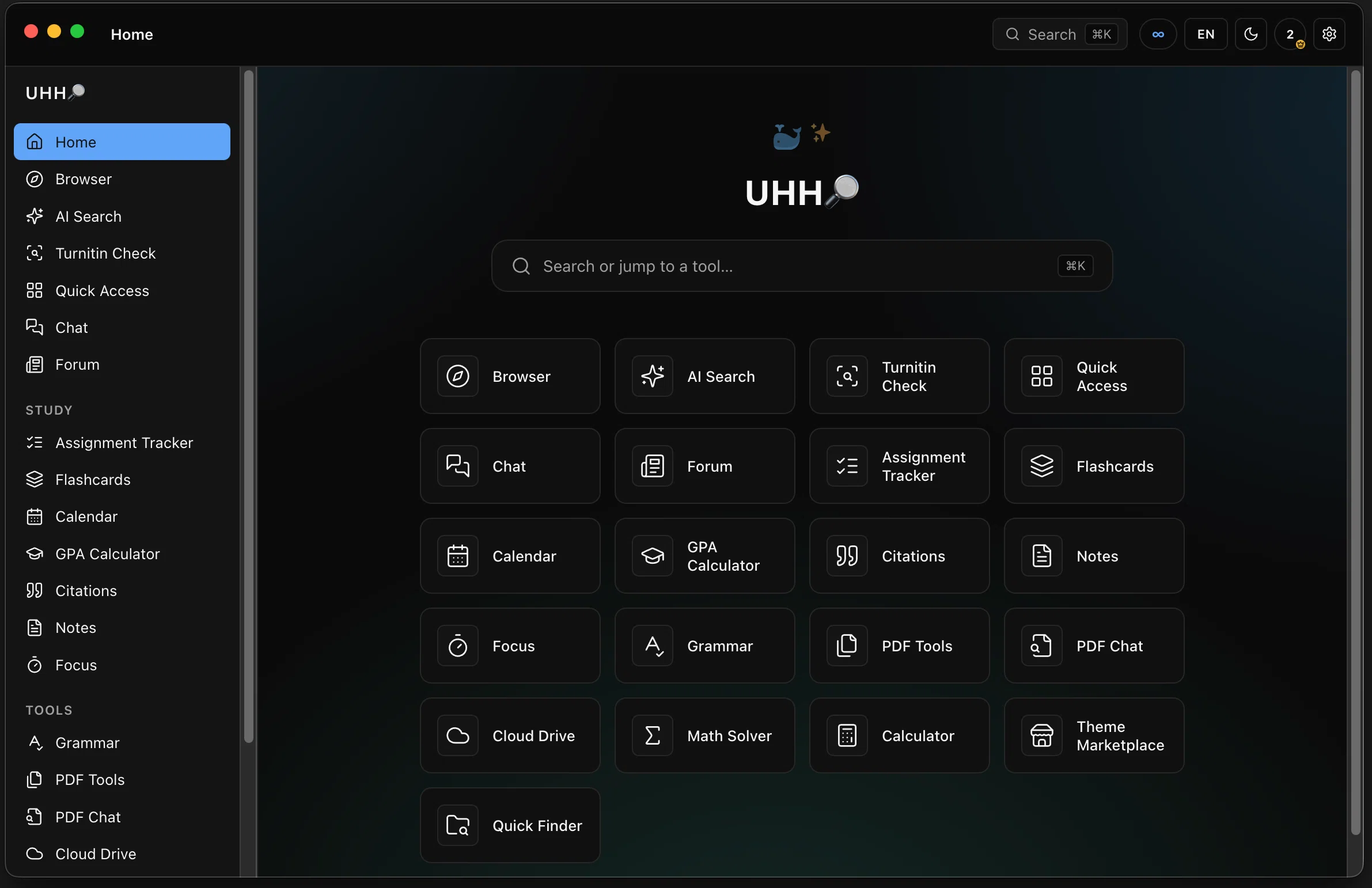 UHH Dark mode, everywhere — Every screen has a dark variant built from the same design tokens, so colours, contrast and shadows hold up at night. Toggle it from the sun icon in the top bar.