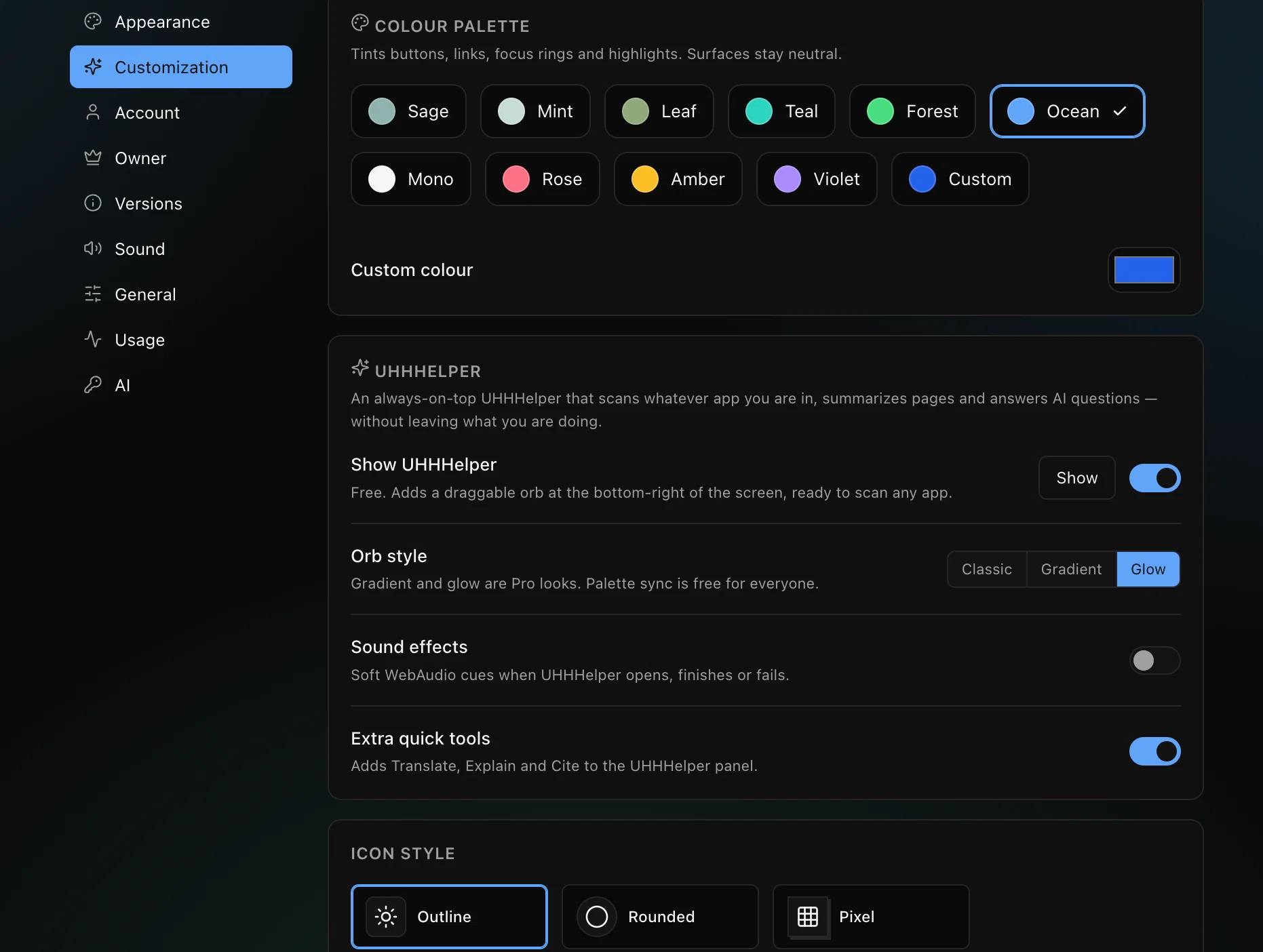 UHH Make it yours — Pick a palette, switch themes and moods, change icon style and choose how UHHHelper looks. Everything applies instantly and is remembered on this Mac.
